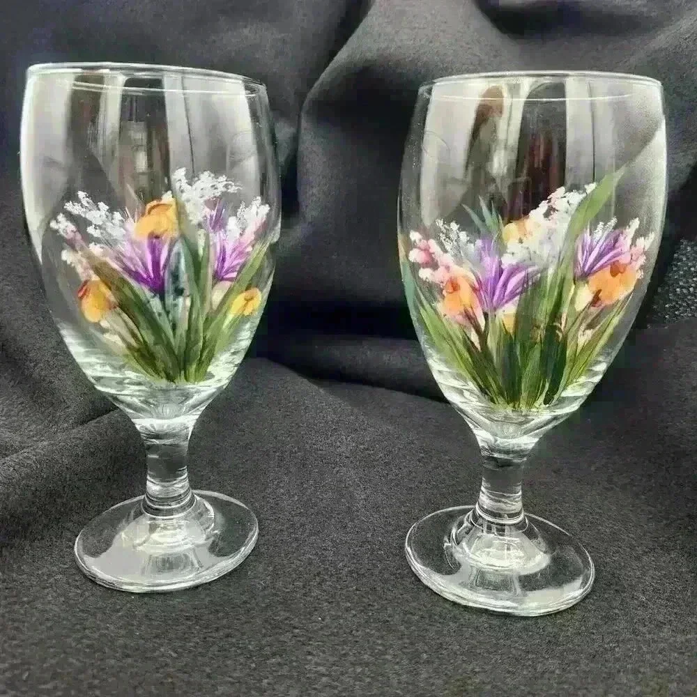 Two Large‎ Stemmed Wine Glasses Hand Painted & Signed Multi-Color Floral Design